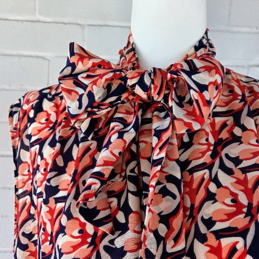 Sleeveless Button Down Coral Pink and Navy Silk Shirt Size 12